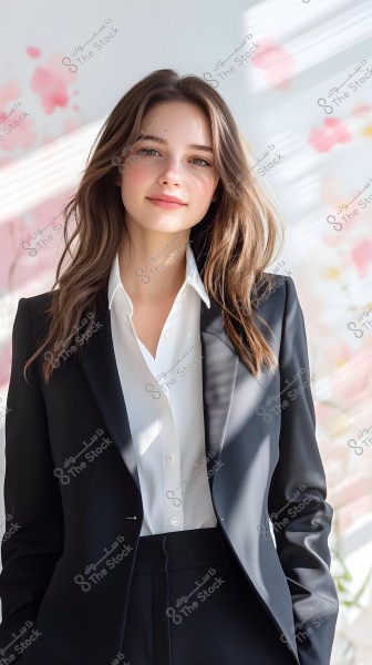 A portrait of a person standing in front of a background with soft floral patterns in pink hues. The person is wearing a white shirt underneath a sleek black blazer, with light brown hair styled naturally. The lighting highlights facial features and appears to come from natural light entering through a window.