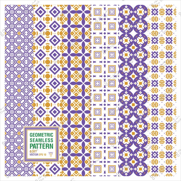 مجموعة من الأنماط الهندسية المتكررة باللونين الأرجواني والذهبي على خلفية بيضاء.