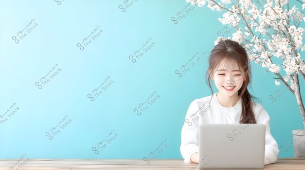 An image of a woman sitting in front of a laptop on a wooden table, smiling and wearing a white blouse. Behind her is a pale blue background with white flowers on tree branches visible in the top right corner of the image.
