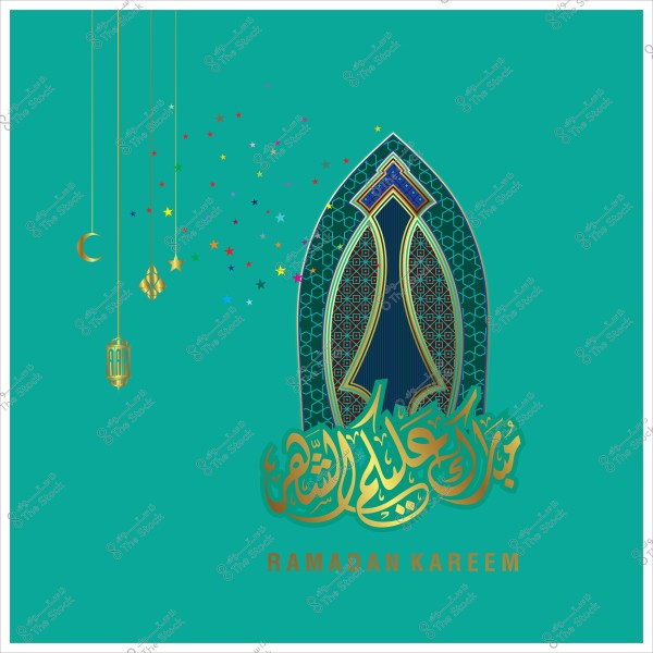 A design featuring the phrase "Ramadan Kareem" in Arabic and English with Islamic patterns, a crescent moon, and a lantern on a blue background.