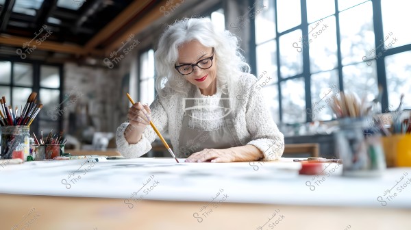 Image of an elderly woman with long white hair and glasses, sitting in a well-lit art studio. She wears a white blouse and a gray apron, actively engaged with a piece of artwork using a paintbrush. The table is filled with jars containing paintbrushes and paints.