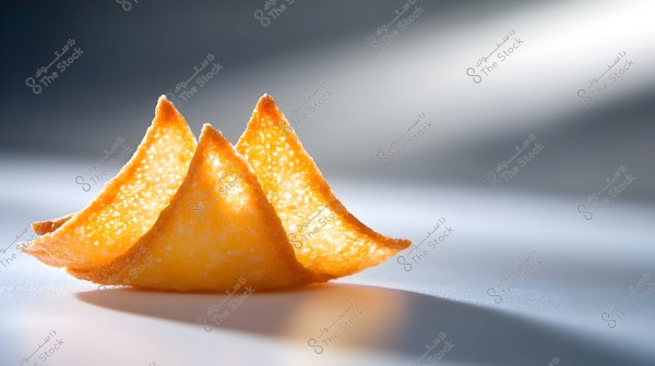A close-up image of a golden crispy snack, resembling an open flower or starfish shape. The snack is placed on a smooth surface with light coming from one direction, highlighting its crunchy texture and casting soft shadows on the surface.