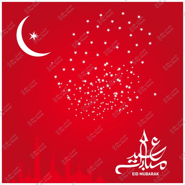 Eid greeting card design with red colors, a crescent moon, stars, and the phrase \"Eid Mubarak\" in Arabic calligraphy. The bottom shows Islamic minarets.