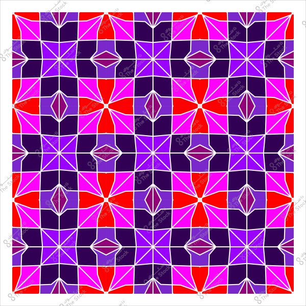 تصميم هندسي مكون من مربعات ملونة باللونين البنفسجي والأحمر, تظهر بتناظر دقيق. التصميم يحتوي على أنماط نجومية وخطوط تلتقي في نقاط لتكوين أشكال هندسية معقدة.

-