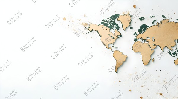 A map of the world made from cardboard in brown and green colors on a white background. The continents are detailed, with small scattered paper spots around the map, giving it a creative and artistic appearance.