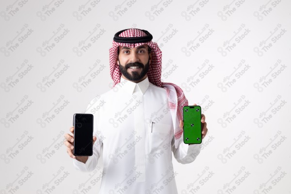 Portrait of a Saudi man holding an ATM and a phone and making different expressions