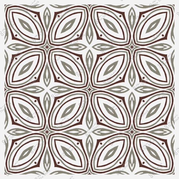 Ornamental pattern design with oval shapes and geometric edges in brown and green colors on a white background.