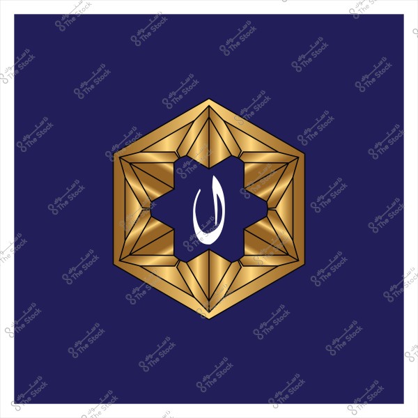 The image shows a geometric design featuring a golden hexagonal shape with intricate internal patterns. Inside the hexagon, there is a prominent white symbol or letter set against a dark blue background.