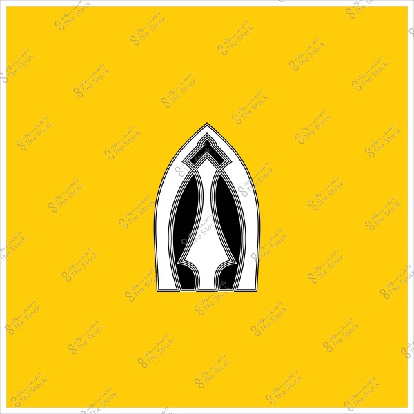 Abstract design on a yellow background. There is a geometric shape in the center of the image resembling an arch in black and white, composed of several lines and shapes that interlock harmoniously.