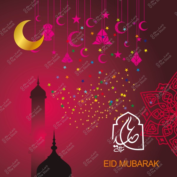 تصميم زخرفي للاحتفال بالعيد, يحتوي على هلال ونجوم وأشكال هندسية وأبراج مسجد مع عبارة \"عيد مبارك\".