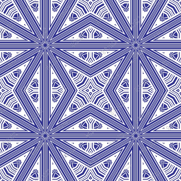 A geometric repeating pattern composed of thin and thick blue lines intersecting to form polygonal shapes and sharp angles, creating a complex and symmetrical appearance. The design features an even balance between the blue and white spaces.