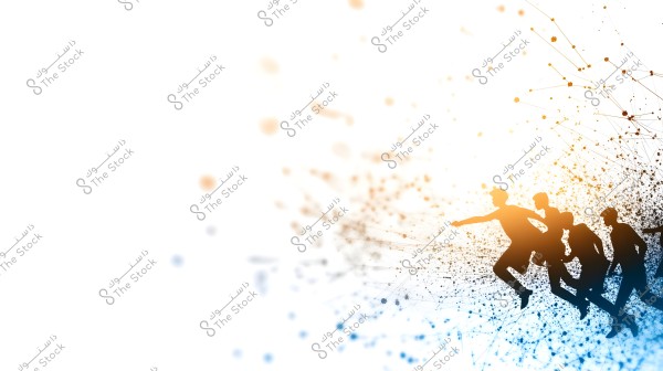 An abstract image depicting a series of overlapping human figures moving forward against a mostly empty white background. Dots and interconnected lines in orange and blue are spread around the figures, giving a sense of motion and networking.