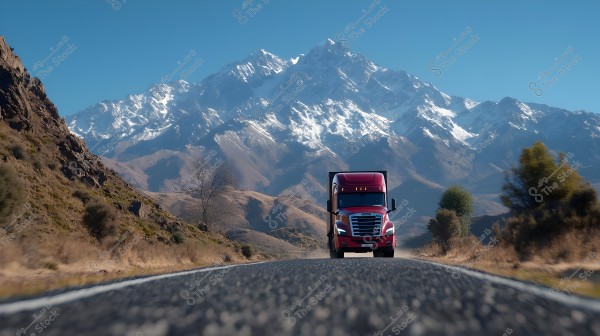 A red truck driving on a paved road between mountains. The mountains are in the background with snow-capped peaks under a clear blue sky. The road is surrounded by wild vegetation and a small tree on the right side.