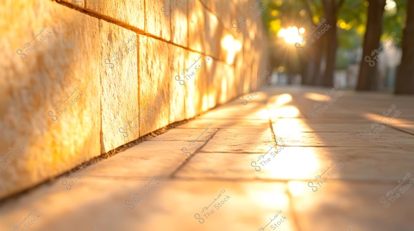 The image shows a paved ground with stone tiles illuminated by golden sunlight. The light reflects on the floor tiles and on the stone wall on the left side, creating long shadows and light patches. In the background, trees with green leaves contribute to the calm and peaceful atmosphere of the scene.