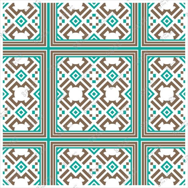 تصميم هندسي مستوحى من الزخارف الإسلامية بألوان البني والتركواز والأبيض.