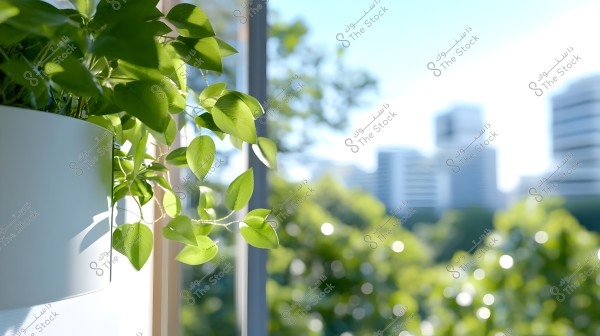 A plant with shiny green leaves growing in a white pot placed next to a window. In the distant background, there is a blurred view of city buildings under a blue sky, with green trees reflecting sunlight.