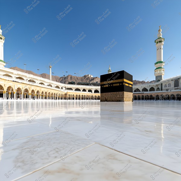 The image shows the Kaaba in the Masjid al-Haram in Mecca, with the shiny marble floor reflecting under a clear blue sky. Surrounding the Kaaba are the mosque\'s buildings and white minarets with green bands at the top, and brown mountains are visible in the background.