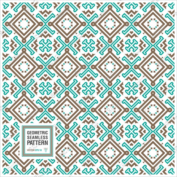 نمط هندسي متكرر بأشكال ماسية وعناصر زخرفية باللونين البني والأزرق الفاتح.