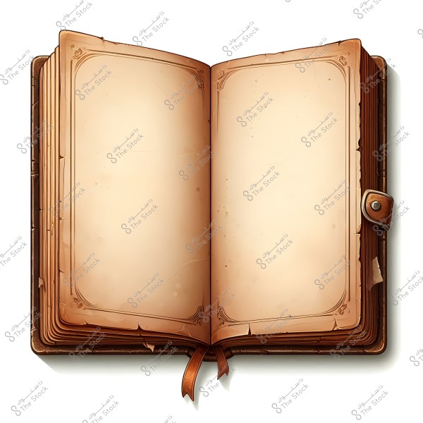 An image of an open vintage-style book with blank pages. The cover is brown with ornate old-style details. A brown bookmark is visible between the pages.