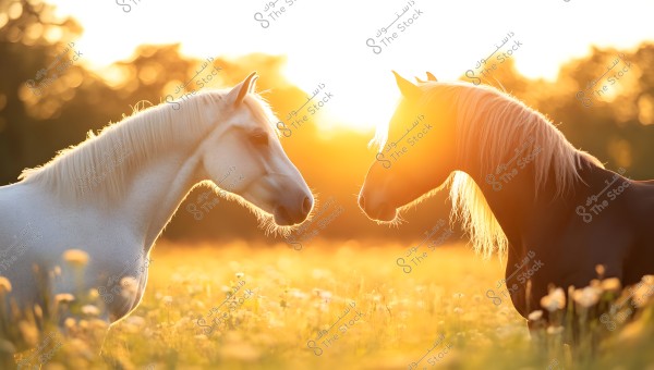 Two horses standing and facing each other in a field of flowers under the golden sunlight at sunset. The horse on the left is light-colored, while the one on the right is dark-colored. The sun rays behind them create a glowing and illuminating effect.