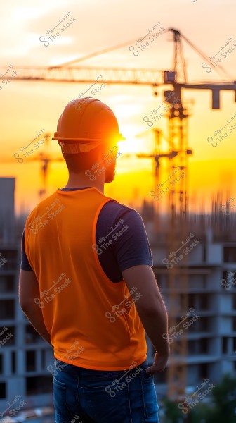 A construction worker is looking at a building site during sunset. The worker is wearing a yellow hard hat and an orange vest over a navy blue shirt, with construction cranes in the background creating an urban landscape.