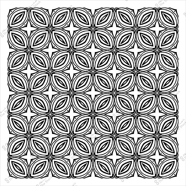 Symmetrical decorative pattern consisting of interlocking oval shapes and stars.