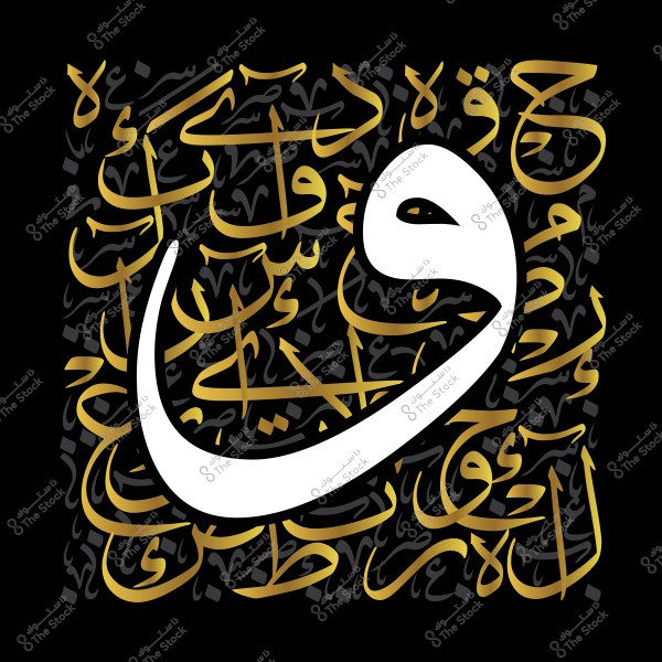 صورة تحتوي على حرف الواو باللون الأبيض, محاطة بخلفية سوداء مزينة بنصوص عربية بخط ذهبي, بأشكال متنوعة من الخط العربي.

-