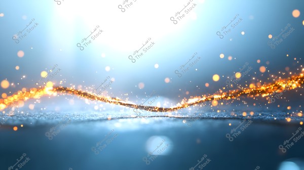 An abstract background featuring a glowing line of shimmering golden lights stretching horizontally across the image. The lights appear as small, sparkling dots scattered over a cool blue surface, creating an attractive contrast between the gold and blue.
