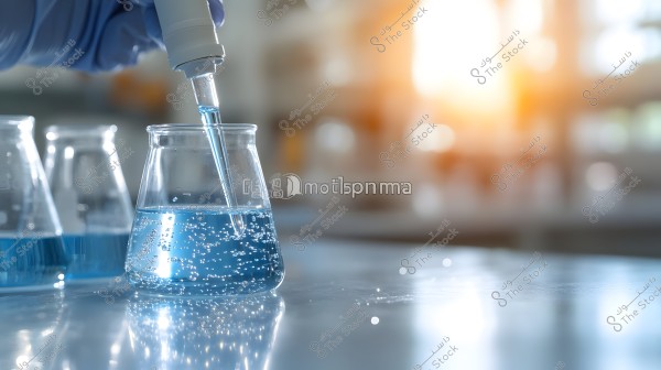 The image shows a gloved hand using a pipette to draw blue liquid from a glass flask in a chemistry lab. The flask contains tiny bubbles and is placed on a shiny surface, with a blurred background and warm lighting suggesting sunlight.