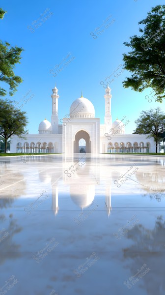 Image of a white mosque with domes and minarets under a clear blue sky. The mosque is surrounded by trees, and the foreground reflects the mosque on a shiny surface. The architectural design reflects traditional Islamic style.