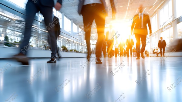 The image depicts a group of people in business suits walking briskly through a hallway of a modern building. The lighting shines through large windows on the right side, creating a bright and dynamic atmosphere. The image captures the fast-paced environment of an urban work setting.