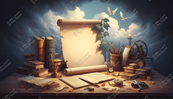 An image depicting a wooden table with several stacks of old books. There is also an open scroll with climbing leaves, alongside containers holding pens and brushes. In the background, dense clouds and two doves flying, with a lit candle standing at the side of the table. A clock rests next to the scroll with an old camera, conveying a sense of solitude and focus.