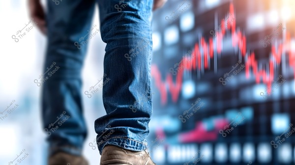 An image of a person seen from behind, wearing blue jeans and brown shoes. In the background, there is a screen showing a chart with red and blue lines, suggesting financial data or stock market information. The blurred pattern in the background conveys movement and activity.