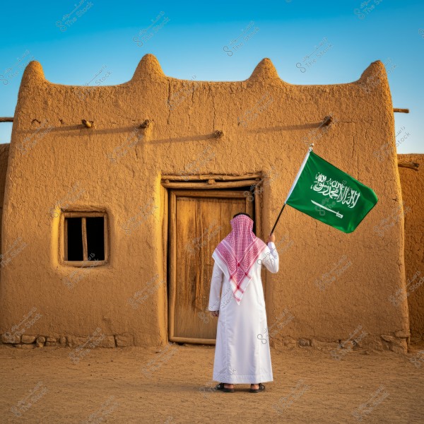 A man wearing a white thobe and a red and white keffiyeh stands in front of a traditional mud house in Saudi Arabia. The man is holding the Saudi Arabian flag, which is green with the Shahada written on it. The image highlights Saudi culture and traditional architecture.