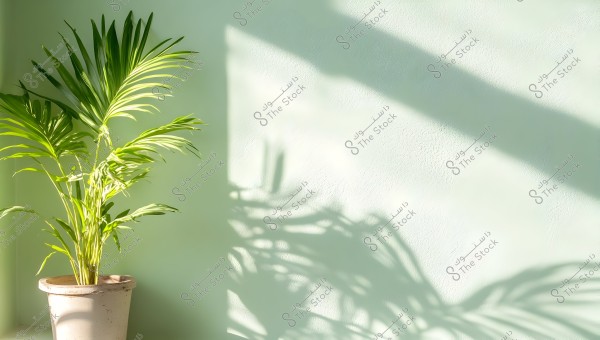A green plant in a white pot next to a light green-colored wall. The plant\'s leaves are prominently visible, casting shadows on the sunlit wall.