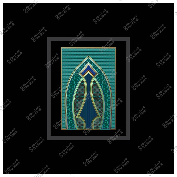 تصميم فني بزخارف هندسية إسلامية باللونين الأزرق والأخضر بحدود ذهبية داخل إطار أسود.
