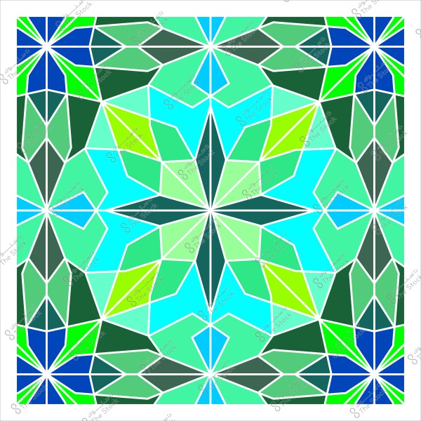 صورة لنمط هندسي متماثل بألوان زاهية تشمل الأزرق والأخضر والأصفر. يتميز التصميم بتكرار الأشكال المثلثية والمربعة, مما يخلق تأثيرًا بصريًا معقدًا ومتوازنًا. التصميم مشابه للفن الزخرفي التقليدي باستخدام تقنيات حديثة, حيث تظهر الأشكال بشكل لافت للنظر ومتناغم.

-