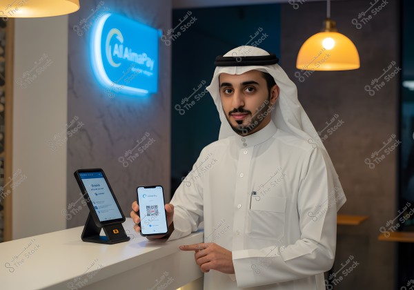 A photo of a man wearing traditional thobe, ghutra, and agal standing at a counter. He is holding a smartphone displaying the AlAimaPay app interface with a visible QR code. Next to him is a tablet displaying the same app. Above him, there are pendant lights, and behind him, the AlAimaPay logo is illuminated in blue.