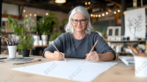 An image of a woman with white hair and glasses sitting in an art studio. She is wearing a gray shirt and holding paintbrushes in each hand, focused on a large white sheet in front of her. The studio is filled with various art supplies and indoor plants, featuring warm lighting and a modern design.