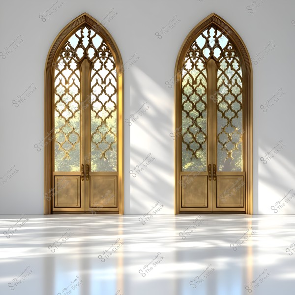 The image features two large windows with an Arabic architectural style, adorned with intricate gold metal latticework. The windows are identical in design and are positioned side by side on a white wall within a spacious room. Sunlight is reflected on the glossy floor, adding an aura of elegance to the setting.