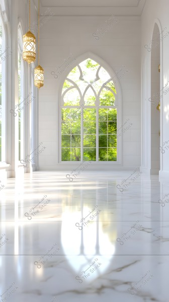 The image depicts an elegant interior space featuring large glass windows with arched frames allowing natural light to flow in. The walls are white, and golden lamps hang from the ceiling, adding a touch of luxury. A green view is visible through the windows, creating a calm and natural atmosphere.