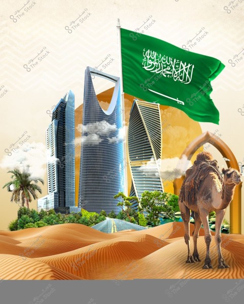 صورة تضم معالم معمارية حديثة في السعودية مثل برج المملكة وبرج الفيصلية, مع علم السعودية الأخضر في الخلفية, يتوسط الصورة جمل يقف على رمال الصحراء. يظهر أيضاً نخيل ومساحات خضراء صغيرة, مما يعكس التنوع الطبيعي للمملكة.
