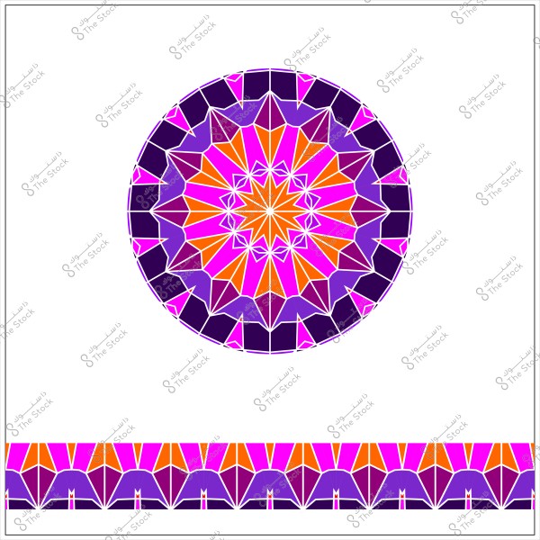 تصميم هندسي دائري وزخرفة إسلامية بالألوان البنفسجي والبرتقالي والوردي.
