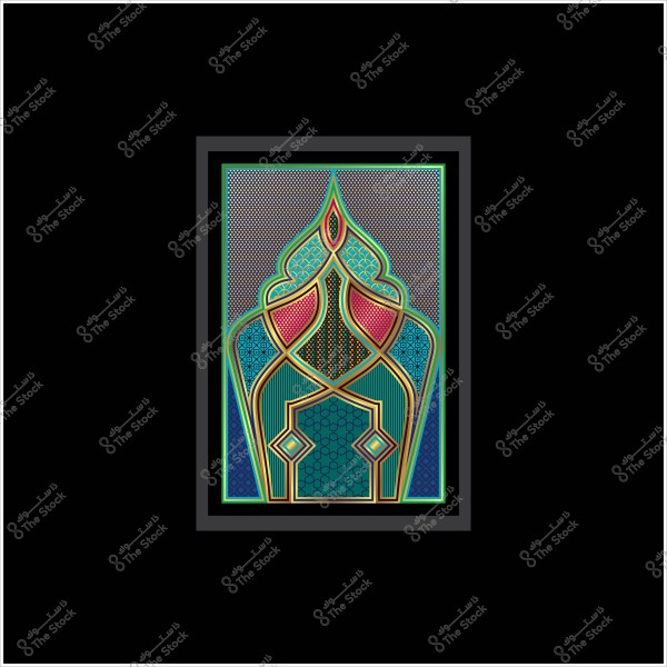 تصميم هندسي إسلامي بديع بألوان زاهية تشمل الأخضر والذهبي والأزرق والأحمر على خلفية سوداء.