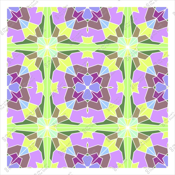 تصميم هندسي بألوان زاهية يظهر نمطًا متكررًا يشبه الفسيفساء. يحتوي التصميم على أشكال هندسية متعددة الأضلاع تتداخل بألوان البني, الأرجواني, الأزرق, الأخضر, والأصفر, مما يشكل نمطاً متناظراً ومتناغماً.

-