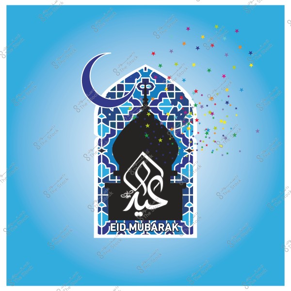 تصميم بطاقات تهنئة بعيد الفطر المبارك مع مسجد وهلال وزخارف إسلامية وكتابة "عيد مبارك".