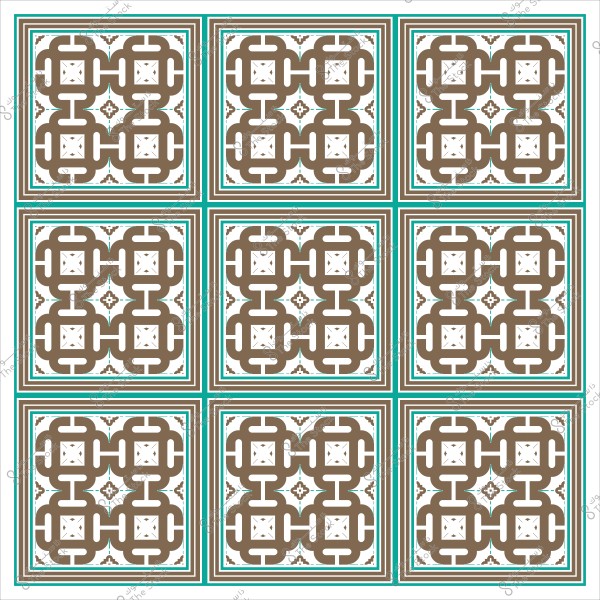 تصميم هندسي بُني وزخارف معقدة تتكون من تسع بلاطات مربعة بنمط إسلامي تقليدي.