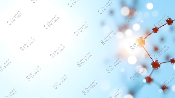 An illustration of a molecule on a light blue background. Part of the molecule appears as small spheres connected by lines, reflecting various shadows and lights, giving a three-dimensional impression. There is a bright light on the left side of the image, adding depth and vibrancy to the design.