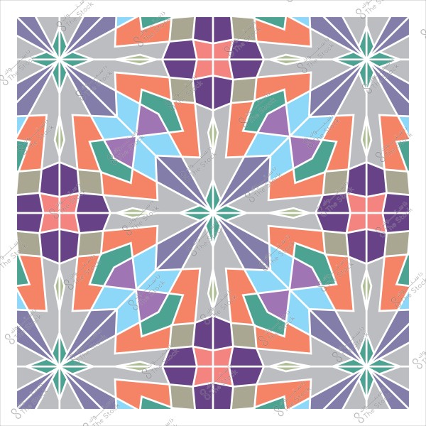 تصميم هندسي ملون بأسلوب الأرابيسك يتضمن أشكال متداخلة باللون البرتقالي والبنفسجي والأزرق.