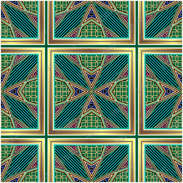 Geometric design with intricate Islamic patterns in blue, green, and brown colors.